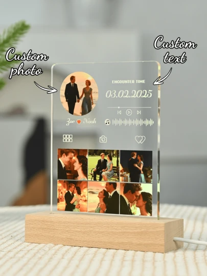 1pc Custom Couple Collage Photo Led Night Light, Personalized Acrylic Night Light With Photo & Text, Custom Photo Lamp, Personalized Photo Collage LED Light, Couple Picture Frame, Personalized Photo Collage Gift For Mother's Day, For Birthdays, For Children's Day, For Father's Day, For Graduation, For Weddings, For Housewarming Living Room, Bedroom, Office, Tea Room, Home, Bathroom, Dining Room, Valentine Day, Valentine Day Decor