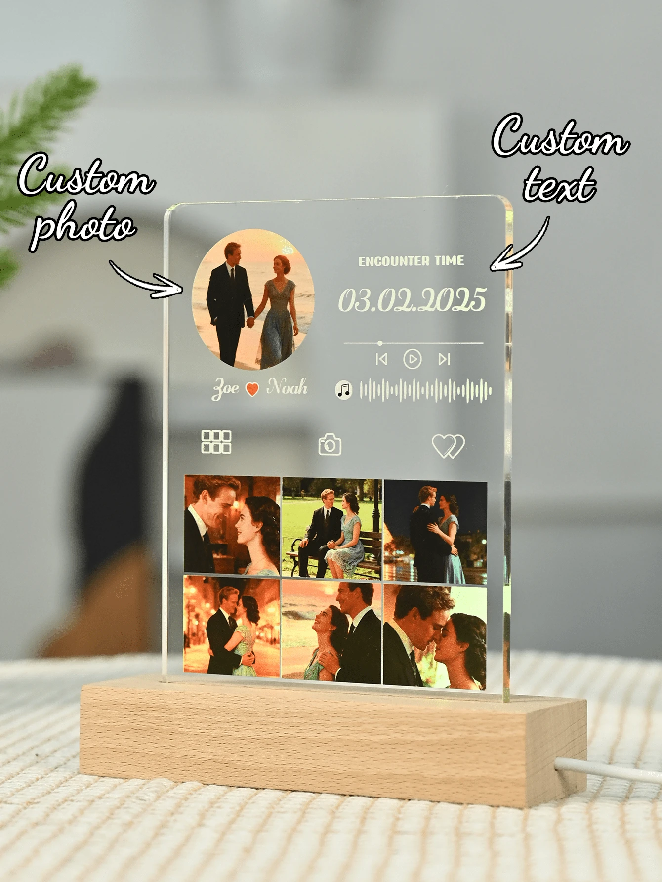 1pc Custom Couple Collage Photo Led Night Light, Personalized Acrylic Night Light With Photo & Text, Custom Photo Lamp, Personalized Photo Collage LED Light, Couple Picture Frame, Personalized Photo Collage Gift For Mother's Day, For Birthdays, For Children's Day, For Father's Day, For Graduation, For Weddings, For Housewarming Living Room, Bedroom, Office, Tea Room, Home, Bathroom, Dining Room, Valentine Day, Valentine Day Decor - Small Rectangular Stand-up - Black Circular Frame Music - View 1