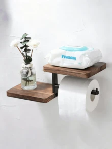 1pc Wall-Mounted Toilet Paper Holder, Wooden Tissue Paper Rack, Bathroom Accessories, Wall-Mounted Paper Towel Holder, Sturdy And Durable, Elegant And Fashionable, Bohemian Style, Suitable For Bathroom, Kitchen, Bedroom, Study, Hallway And Living Room, Wooden Product. Note: Due To Different Shooting Angles And Lighting, There May Be Color Differences, And The Wood Grain Pattern Is Randomly Distributed. - Multicolor - View 3