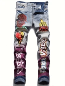 Graffiti Street Art Style, Colorful Mixed Print Design, Mid-Rise Slim Fit Straight Leg, Machine Washable For All Seasons, Classic Five-Pocket Style, Essential Men'S  Ripped Jeans Pants For Hip Hop Y2K Party Outfits, Hip Hop Y2K Clothing - Blue - View 1