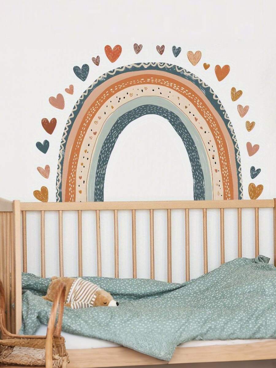 Plus Size Cartoon Rainbow Heart Children's Room Decor Stickers, Colorful Wall Decals, Removable, Suitable For Home Wall Decoration, Party Background