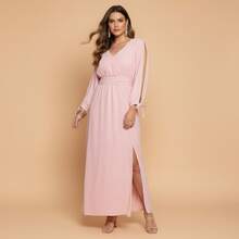 FASHION MIX PREMIUM Elegant Long Dress With Slit Long Sleeves With Tie With V-Neckline And Waist Adjustment Plus Size Women's Fits 38 To 44 - 淺粉色 - 查看 1