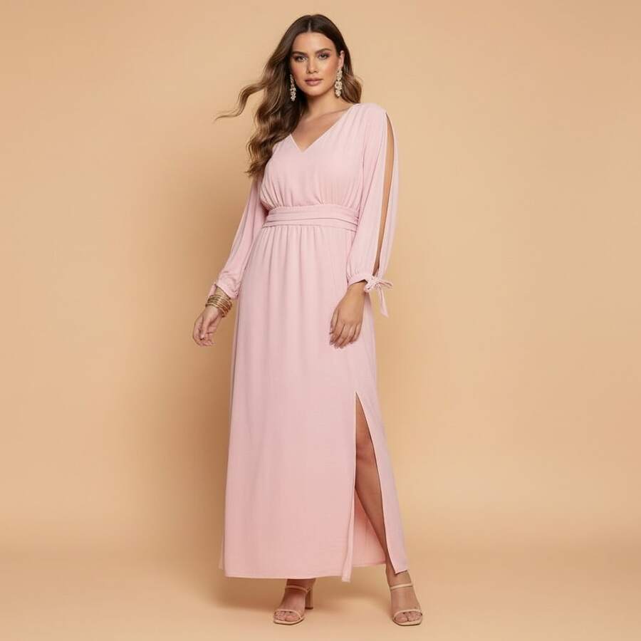 FASHION MIX PREMIUM Elegant Long Dress With Slit Long Sleeves With Tie With V-Neckline And Waist Adjustment Plus Size Women's Fits 38 To 44 - 淺粉色 - 查看 1
