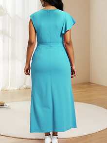 Women's Solid Color Round Neck Patchwork Ruffle Side Slit Elegant Party Dress - Sky Blue - View 6