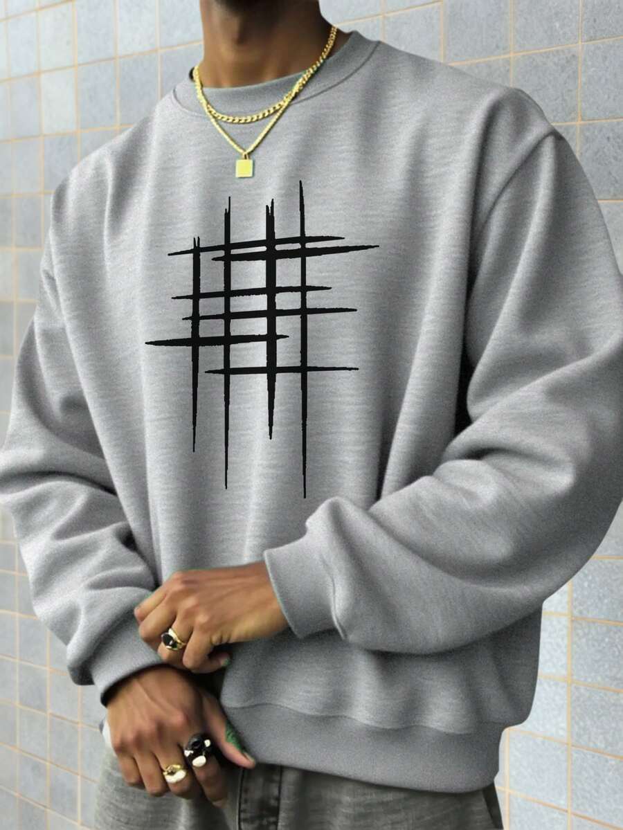 Zrgoth 男士抽象线条图案印花圆领卫衣，秋冬街头时尚 - 灰色 - 查看 1