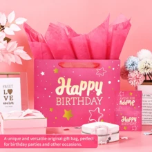 1/2/5 Sets, Birthday Gift Bags, 12.6-Inch (Approx. 32 Cm) Fuchsia Happy Birthday Gift Bags, With Tissues And Party Cards, Happy Birthday Gift Bags For Men And Women, (1 Piece Fuchsia Heat-Printed) - Multicolor - View 3