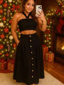 Women's Halter Cropped Set With Padded Cups And Elastic Back, Long Skirt With Pockets And Gold Front Buttons, Elegant And Modern Candy Colors, Summer 2025 Fashion - Nước xanh - Xem 5