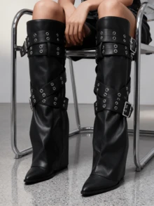 Punk Fashion Womens Knee High Boots Pointed Toe Wide Calf Fold Over Straps Detail Block High Heel Slouchy Long Boots Party Nightclub Dressy Occasions Fall Winter Outdoors Shoes - Pu đen - Xem 4