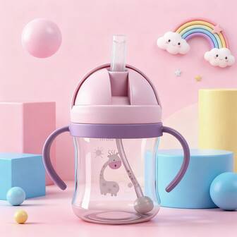 1 pieza Vaso con pajita para niños, Taza de aprendizaje para bebés, Vaso de agua de plástico con diseño anti-atragantamiento, Portátil, Apto para 6 meses+