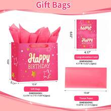 1/2/5 Sets, Birthday Gift Bags, 12.6-Inch (Approx. 32 Cm) Fuchsia Happy Birthday Gift Bags, With Tissues And Party Cards, Happy Birthday Gift Bags For Men And Women, (1 Piece Fuchsia Heat-Printed) - Multicolor - View 7