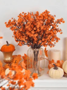 Nejlue Artificial Flowers/Plants1111 Home & Living 1/4Pcs Orange Artificial Baby's Breath & Gypsophila Silk Flower Bouquet, Artificial Plants, Artificial Decorations, Christmas Decor, Wedding Bridal Party, Home DIY Floral Arrangement, Valentine Day, Gifts Birthday Graduation Home Decor Back To School Room Decor School Supplies - Orange - View 5