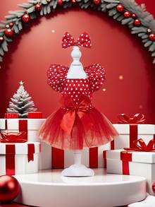 Christmas Pet Costume - Red & Polka Dot Tulle Dress With Puffy Sleeves, Button Closure, Elegant Holiday Outfit For Small Dogs & Cats Adorable Red Dog Dress With Breathable Tulle Skirt - Easy-Pull Head Design For Spring Summer Outfits, Puppy Party Costume For Small Medium Large Dogs - 紅色 - 查看 8