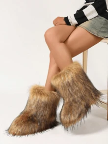 Women's Faux Fur Boot Furry Fluffy Round Toe Suede Winter Comfy Plush Warm Short Outdoor Indoor Flat Shoes Mid-Calf Boots Fashion Boots - 摩卡棕 - 查看 4