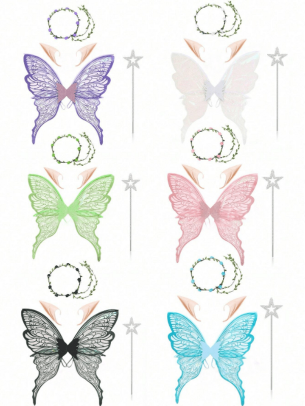1 pieza/4 piezas Alas de mariposa de hada, accesorios para fiesta de carnaval, alas de mariposa brillantes para vestido de novia, accesorios de disfraz de mujer para Mardi Gras, diadema con alas de flores de lámina de oro y orejas de elfo