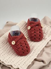 1 Pair Handmade Crochet Infant Shoes, Light Purple Color With Button Decor, Infant Size - Burgundy - View 5