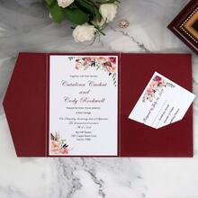25pcs Tri-Fold Pocket Wedding Invitation Cards With Envelopes, Simple Invitation Cards For Engagement, Quinceañera, Christening, DIY Invitations, 5*7 Inch Invitations, Pocket Invitations, Customized Invitations, Christmas Cards - Burgundy - View 3