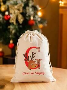 1 Piece. Customizable Gingerbread Santa Canvas Bag With Initials - Large Capacity, Lightweight Christmas Gift Bag With Drawstring And Rope Handle - Perfect For Parties And Holiday Decorations, Christmas Ornaments, Travel Essentials, Christmas Gifts, Christmas, Valentine's Day. - Beige - View 3