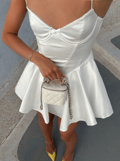 2026 Spring/Summer Fashion: A Versatile Women's Mini Dress, Perfect For Daily Wear, Commuting, Streetwear, Vacation, Beach Attire, And Creating A Relaxed Sexy Look. Features Include Lace Trim, Bow Detail, And Solid Color Design. White Elegant