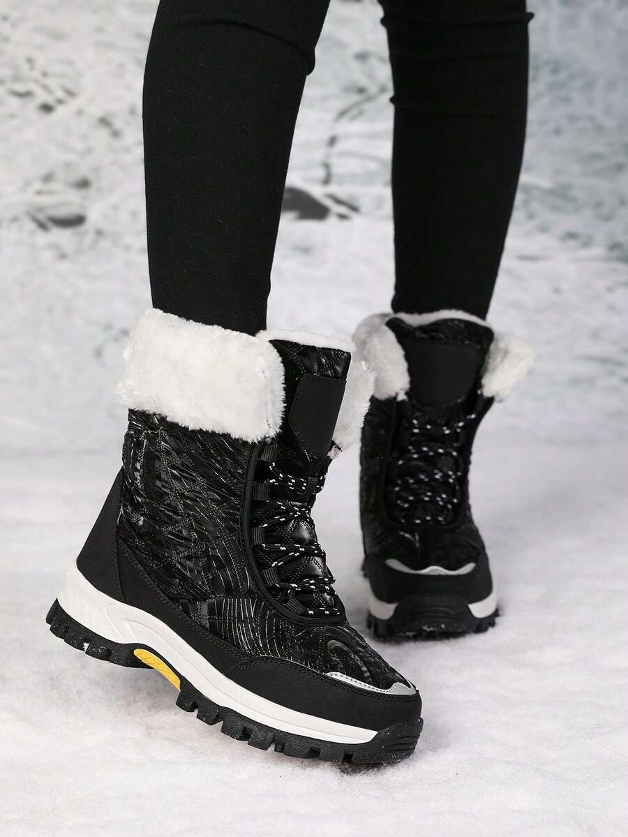 女士系带高帮靴,保暖雪地靴,中筒冬季鞋,户外休闲运动靴 - 黑色 - 查看 1