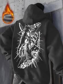 K-GLORY Herren Hoodie, amerikanischer Street-Style dunkler grafischer Muster, thermisch gefüttert, Pullover Sweatshirt, Herbst/Winter - Dunkelgrau - Übersicht 1