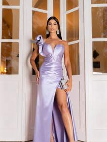 Women's Strapless Dress With Slit, Perfect For Graduation, Party, Wedding, Bridesmaid - Beautiful - 紫丁香色 - 查看 2