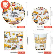 1 Set Construction Truck Happy Birthday Disposable Plates, Napkins, Cups, Car Themed Plates, Napkins And Cups Party Supplies, Fits 25 Guests, Disposable Paper Plates Party Tableware Suitable For Birthday, Wedding, Party, Family Picnic - Multicolor - View 2