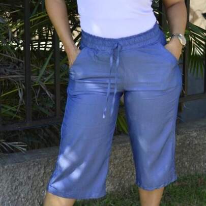 Calça Pantacourt Feminina com Laço Frontal – Chambray Jeans Liso Simples Bolso