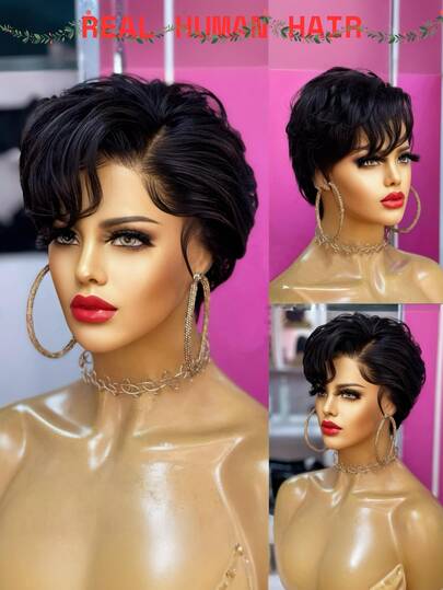 13"X4"X1" T-Part Lace Front Short Wig, Brazilian Virgin Straight Hair, 1B Color, No Glue Needed, Suitable For Daily Wear