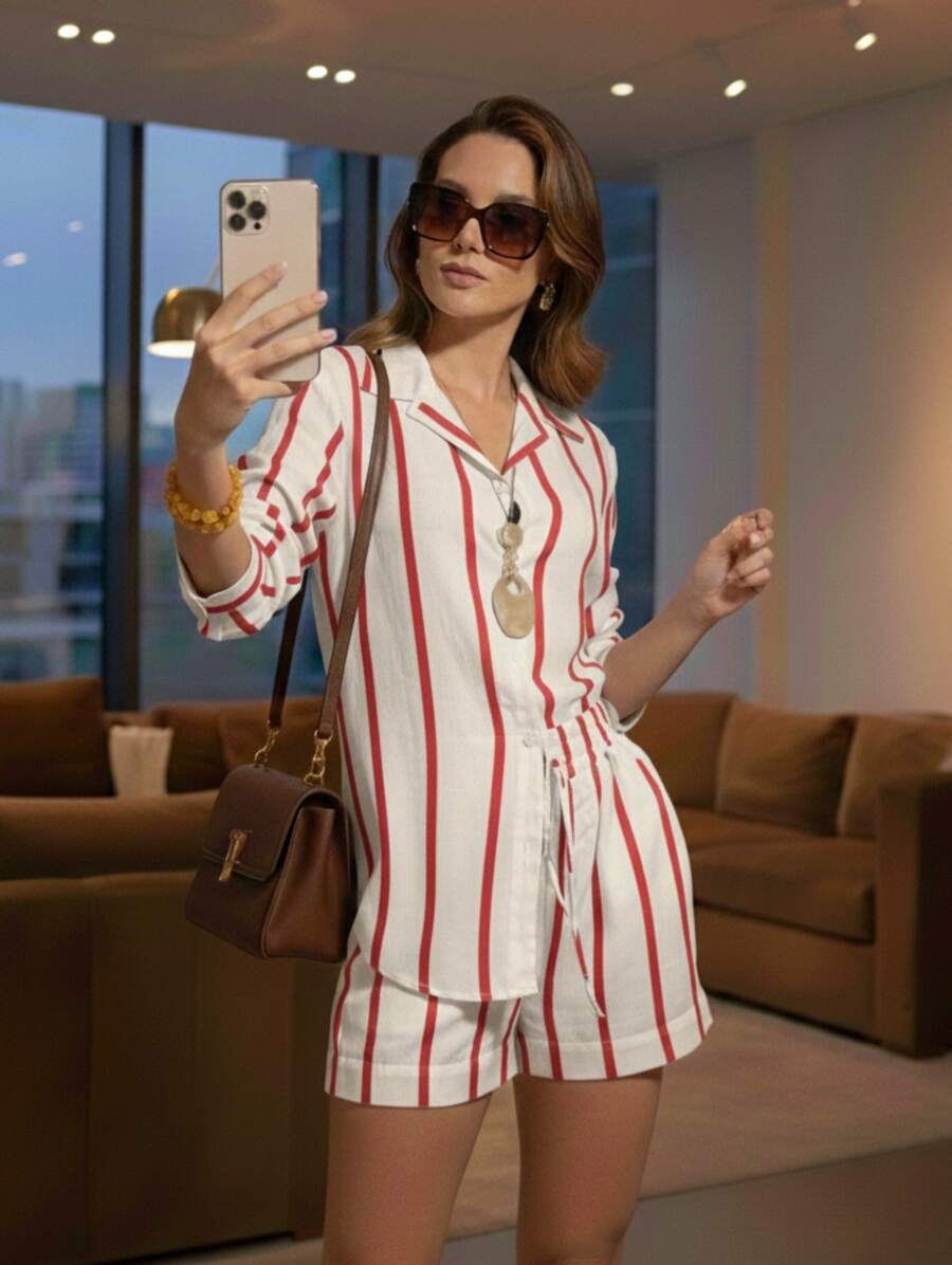 Premium Striped Viscose Linen Set, Serena Line – Sizes M, L, XL In Various Colors - Red - View 1