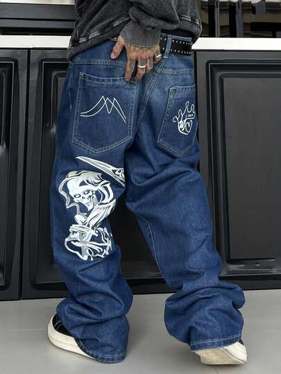 1 pieza Jeans de mezclilla para hombres con estampado de calavera, estilo holgado de streetwear y hip hop Y2K