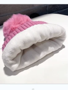 1pc Women's Thick Warm Wool Hat, Women's Winter Wool Pom Pom Knit Hat, Multi-Functional Thick Cold-Proof Hat - Fleece-lined and Thickened - Pink - View 9