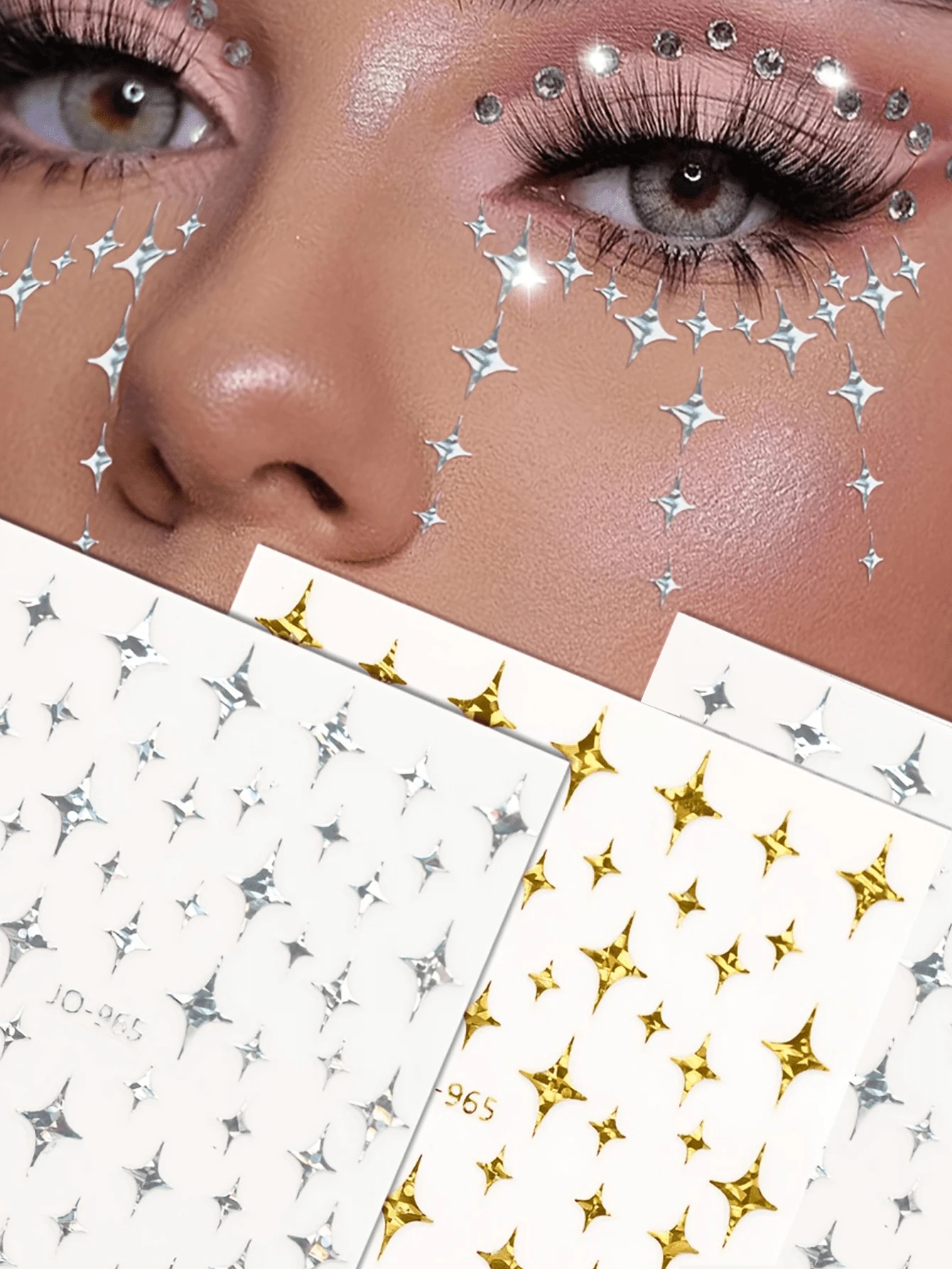 2pcs Rhinestone Golden Face Sticker, Glitter Pattern Eye Makeup Tattoo Sticker, Self-Adhesive Decorative Stickers, Also Can Be Used For Nail Stickers - Multicolor - View 1