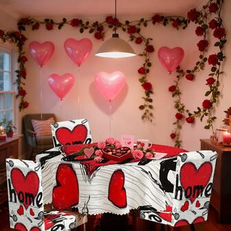 1/4/6件装情人节爱心图案印花桌布和椅套，圆形涤纶桌布，适用于结婚纪念日、节日派对装饰、户外婚礼装饰、厨房用品、母亲节礼物（送给家人和朋友）