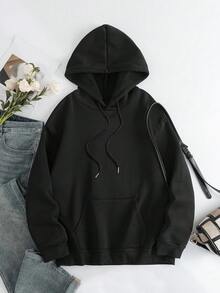Nueva Sudadera con Capucha de Moda para Mujeres, Sudadera Casual con Capucha y Cordón, con Patrón Impreso de Moda, Impresión Frontal, Bolsillo Frontal, Top para Mujeres - Negro - Ver 2