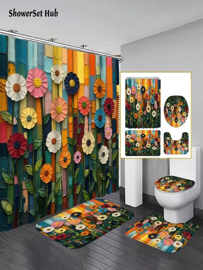 1/3/4件套彩色花卉艺术浴帘浴室套装，现代自然风格防水耐磨配件，带12个挂钩 - 包括马桶座套、浴垫和地毯 - 塑料面料 - 可水洗，防霉 - 非常适合节日装饰、家居/卧室/住宅/西式/春季装饰