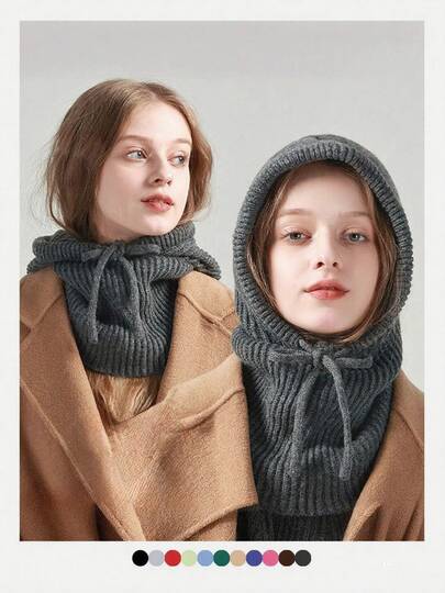 1pc Women's Wool Balaclava Hat, Outdoor Drawstring Detachable Collar Ski Warm Knitted Face Neck Protective Hooded Cape, Suitable For Winter Cold Protection