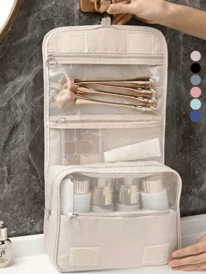 1个防水悬挂式洗漱包，大容量多功能化妆包，PVC化妆刷收纳袋，便携式旅行美容包，适用于护肤品、化妆品、化妆工具、洗漱用品，适合旅行、办公、出差、宿舍收纳、浴室收纳，也是万圣节、圣诞节、生日礼物和女士礼物的理想之选。