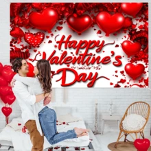 1 pieza Tela de fondo cálida y romántica para el Día de San Valentín, diseñada con globos con forma de corazón rojo, cintas con forma de corazón rojo, adecuada para decoración festiva - Decoración del Día de San Valentín, patio, jardín, decoración de la sala de estar, accesorios de fotografía, decoración de aniversario - Multicolor - Ver 5