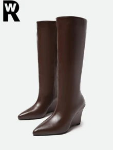 Fall/Winter 2025 New European And American Style Pointed Toe Over-The-Knee Fashionable Tall Boots, Slimming Wedge Heel Straight Shaft Riding Boots For Women - Brown Leather - View 1