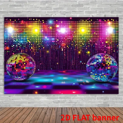 1 pieza plana 2D, Pancarta de fondo de pared para fiesta de discoteca, Pancarta de fiesta multiusos, Dos bolas de discoteca brillantes en una pista de baile animada, No se requiere electricidad