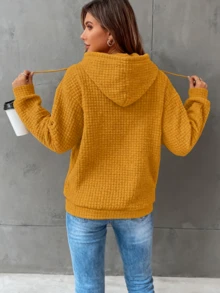 Women's Oversized Waffle Hooded Sweatshirt, Soft Stretchy, Drawstring Hood Kangaroo Pocket, For Fall/Winter Layering & Casual Wear, Women's Clothing Tops  Workout Tops  Ski Outfit Women  Women's Winter Clothing Of Women's Winter Clothing Women's Winter Fashion Women's Winter Promotion Of Women's Winter Clothing  Christmas  Halloween Christmas Gift - Màu vàng - Xem 4
