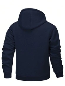 1pc Men's Sherpa Lined Zip-Up Hoodie Jacket, Casual Versatile Knit Sweatshirt Outerwear - Navy Blue - View 2