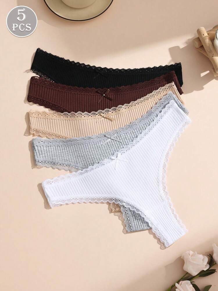 Paquete de 5 tangas de mujer con encaje romántico y parches, decoración con lazos, ropa interior de mujer suave y transpirable de algodón elástico - Multicolor - Añade 3