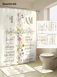 1/3/4件套“我是”花卉励志浴帘浴室套装,白色花卉和积极肯定语设计,防水耐磨配件,带12个挂钩 - 包括马桶座套、浴室垫和地毯 - 塑料面料 - 可水洗,防霉 - 非常适合节日装饰、家居/卧室/房屋/西式/春季装饰。 - 彩色 - 查看 2