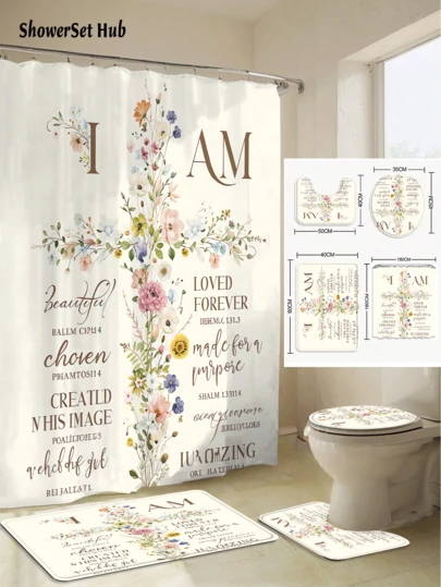 1/3/4pcs "I AM" Floral Inspirational Shower Curtain Bathroom Sets, Wite Floral & Affirmation Design For Uplifting Waterproof And Wear-Resistant Accessories,With 12 Hooks - Includes Toilet Seat Cover, Bath Mats, And Rugs - Plastic Fabric - Washable,Mildew-Resistant - Perfect For Holiday Decor,Home/Bedroom/House/Western/Spring Decor,