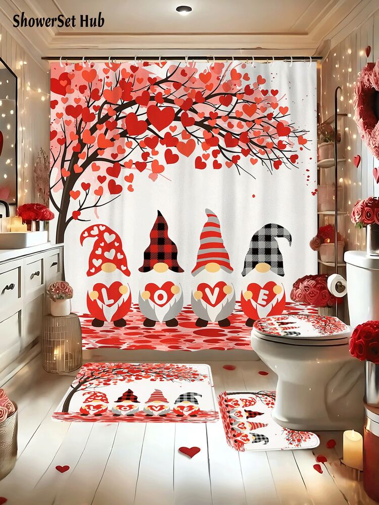 1/3/4pcs Red And Wite Gnome LOVE Shower Curtain Bathroom Sets, Romantic Holiday Waterproof And Wear-Resistant Accessories,With 12 Hooks - Includes Toilet Seat Cover, Bath Mats, And Rugs - Plastic Fabric - Washable,Mildew-Resistant - Perfect For Holiday Decor,Home/Bedroom/House/Western/Spring Decor, - Multicolor - View 1