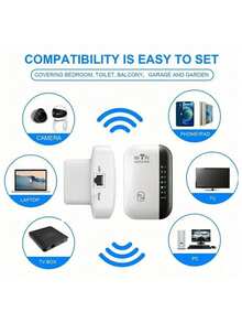 Extensor de señal WiFi de alta potencia - Cobertura de 5000 pies cuadrados, admite velocidad de 300 Mbps, puerto Ethernet, configuración fácil, compatible con Alexa, repetidor de Internet inalámbrico para una conectividad mejorada en el hogar u oficina, extensor de señal WiFi para el hogar, blanco y negro