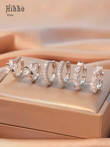 Hihho 6pcs/Set Elegant Zirconia Stud Earrings, Classic Retro Design Luxury Minimalist Earring Set, Suitable For Daily Stacking Or Single Wear, Best Gift For Friends - Silver - View 4