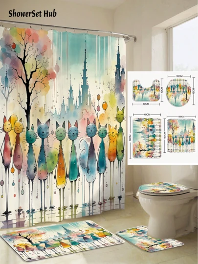 1/3/4pcs Watercolor Cartoon Cat Shower Curtain Bathroom Sets,Fantasy Castle And Tree Scenery Waterproof And Wear-Resistant Accessories,With 12 Hooks - Includes Toilet Seat Cover, Bath Mats, And Rugs - Plastic Fabric - Washable,Mildew-Resistant - Perfect For Holiday Decor,Home/Bedroom/House/Western/Spring Decor,
