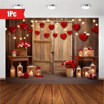 1pc Valentine's Day Happy Photography Background, Rustic Wooden Door Red Rose Floral Backdrop, Couple Portrait Gift Birthday Background, Horizontal Banner Decor